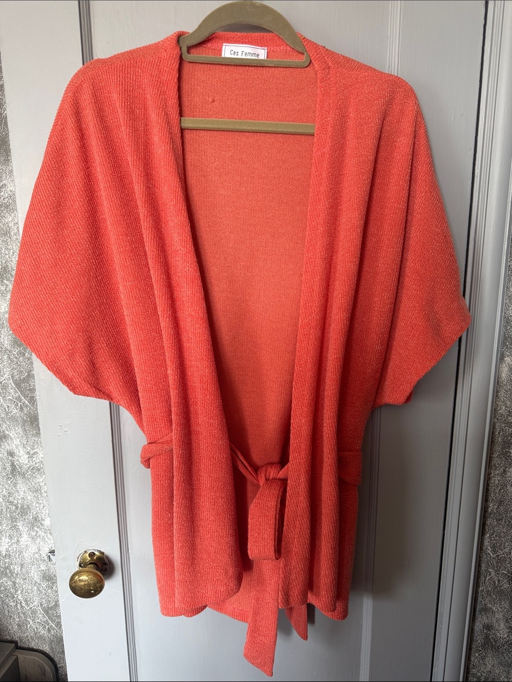 Ces Femme Coral Open Front Belted Sweater